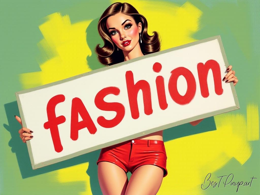 Pin-up girl showcasing a sign with fashion theme
