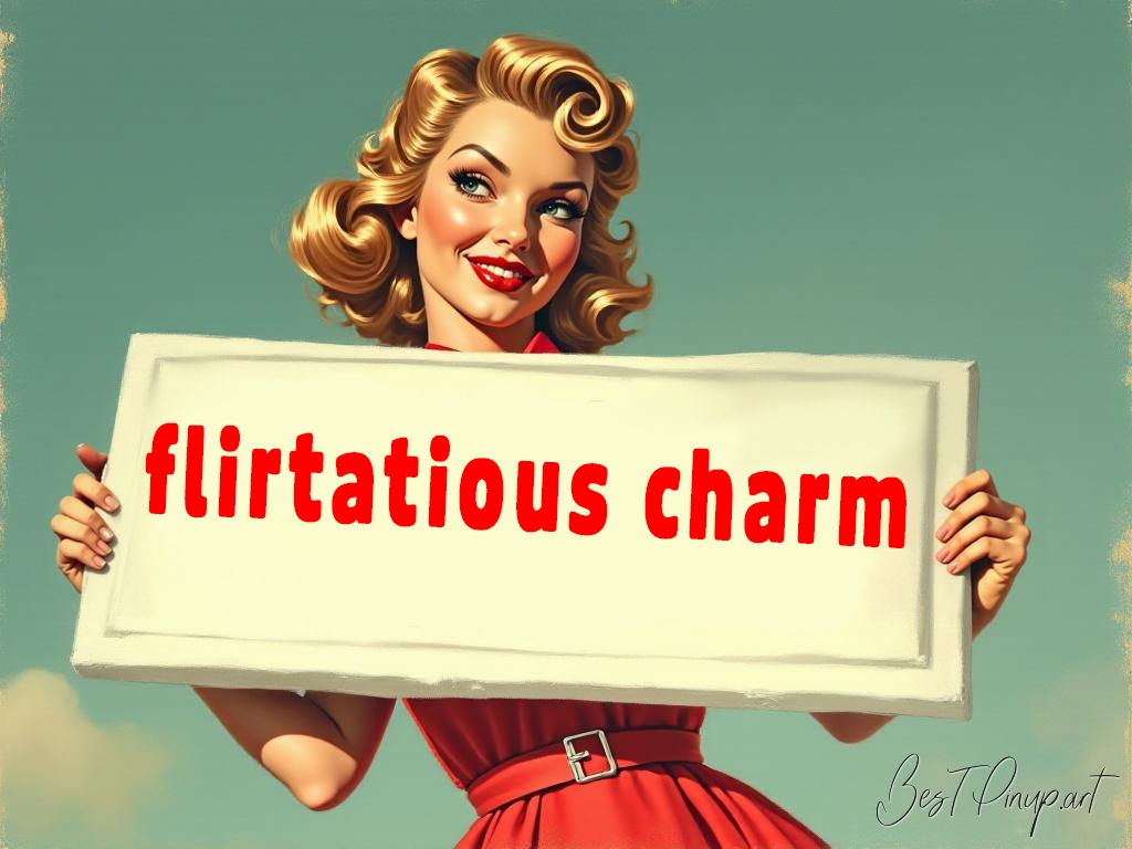 Pin-up girl showcasing a sign with flirtatious charm theme