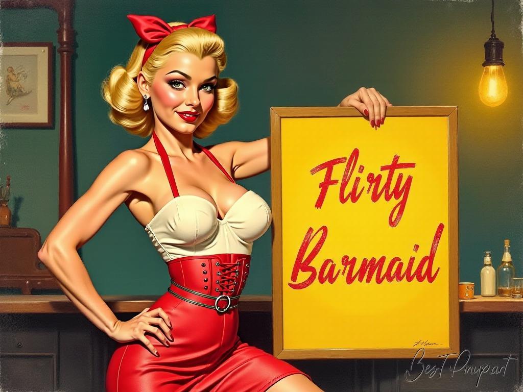 Pin-up girl showcasing a sign with flirty barmaid poster theme