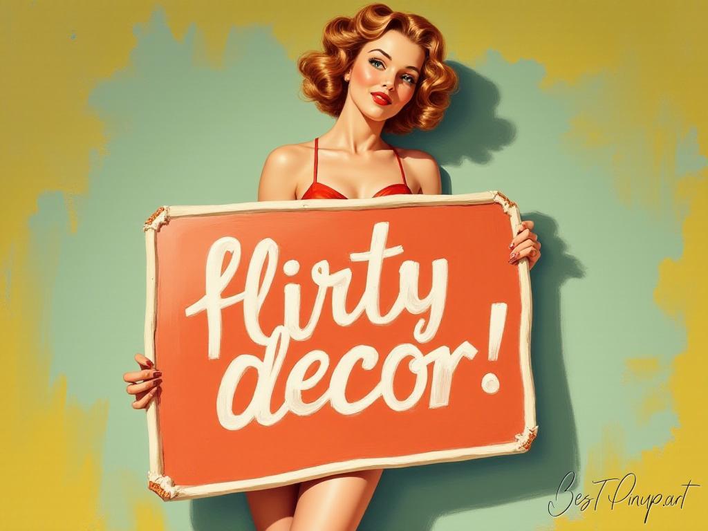 Pin-up girl showcasing a sign with flirty decor theme