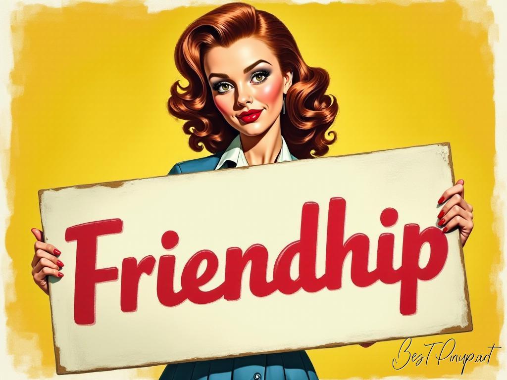 Pin-up girl showcasing a sign with friendship theme