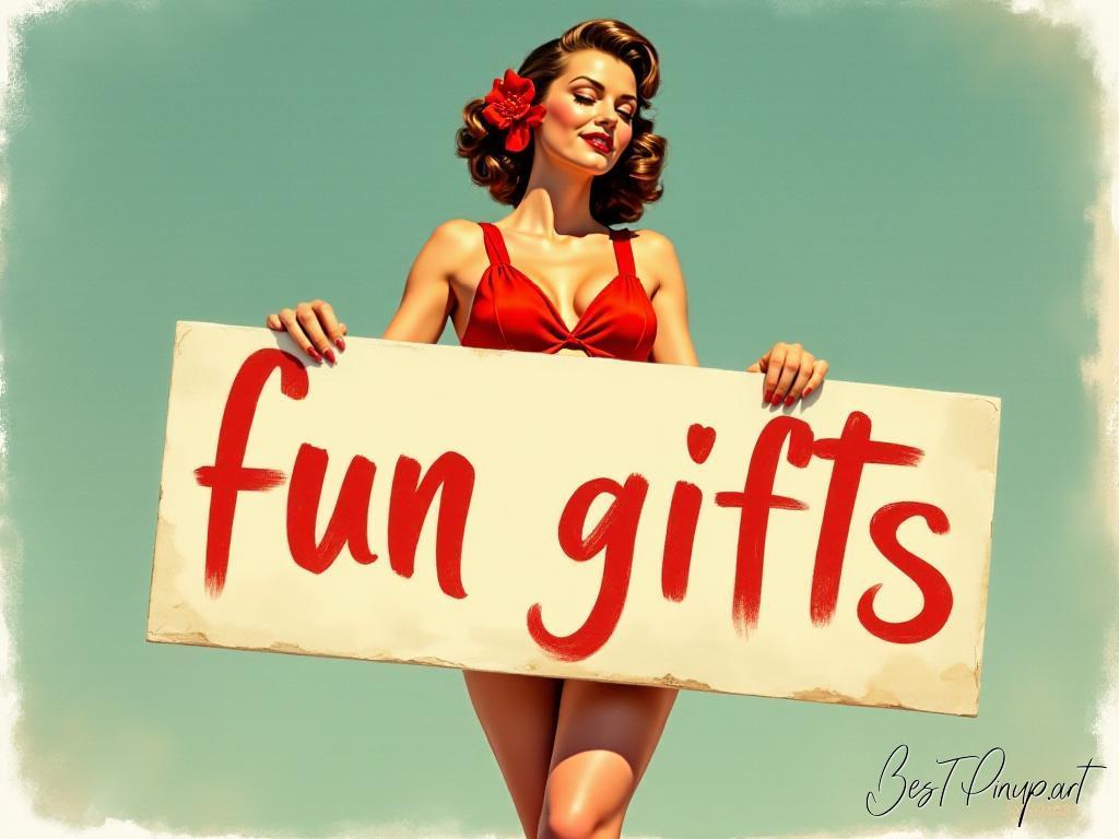 Pin-up girl showcasing a sign with fun gifts theme