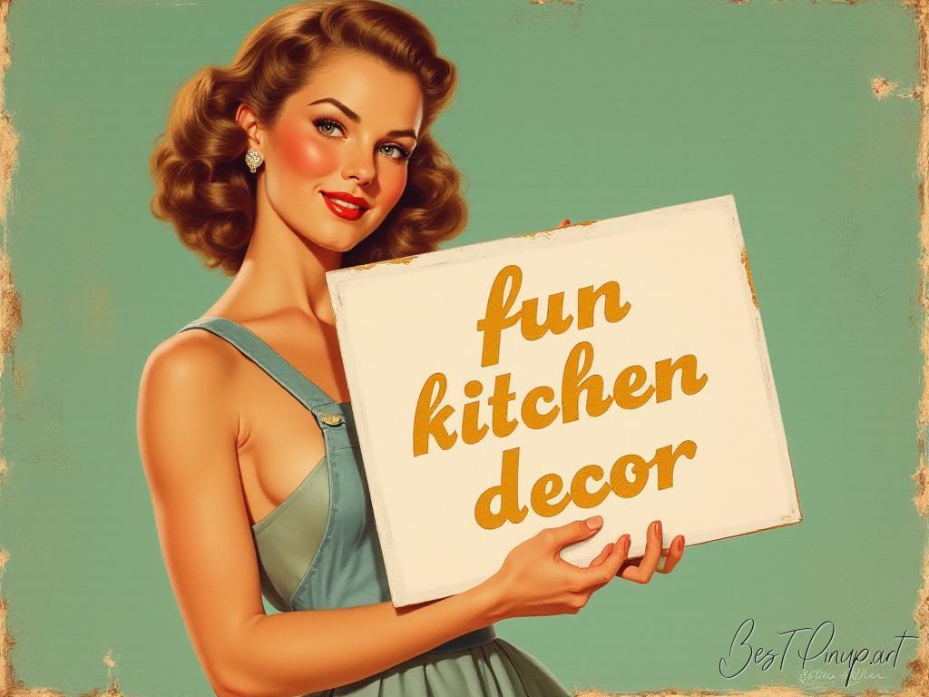 Pin-up girl showcasing a sign with fun kitchen decor theme