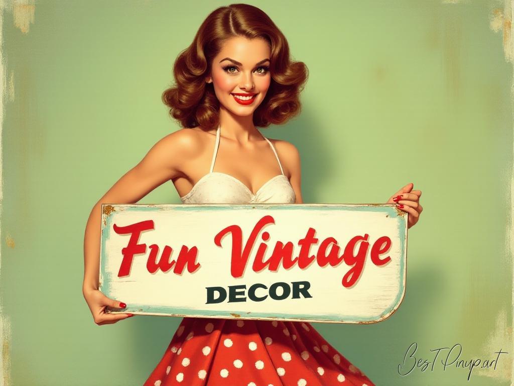 Pin-up girl showcasing a sign with fun vintage decor theme