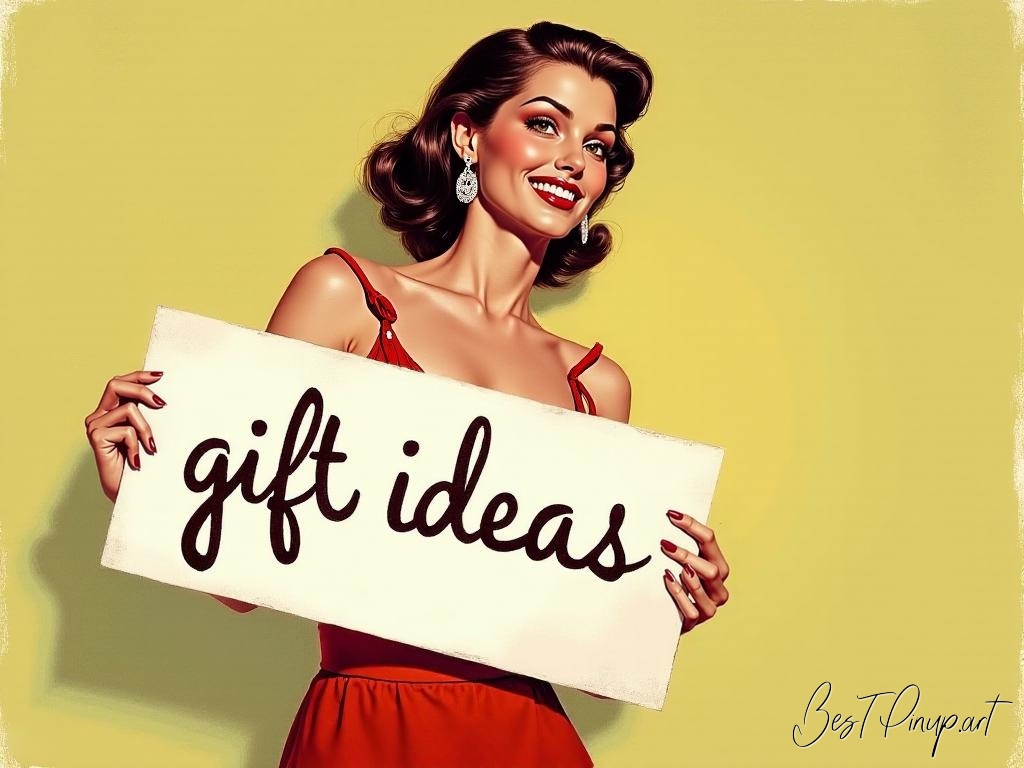 Pin-up girl showcasing a sign with gift ideas theme