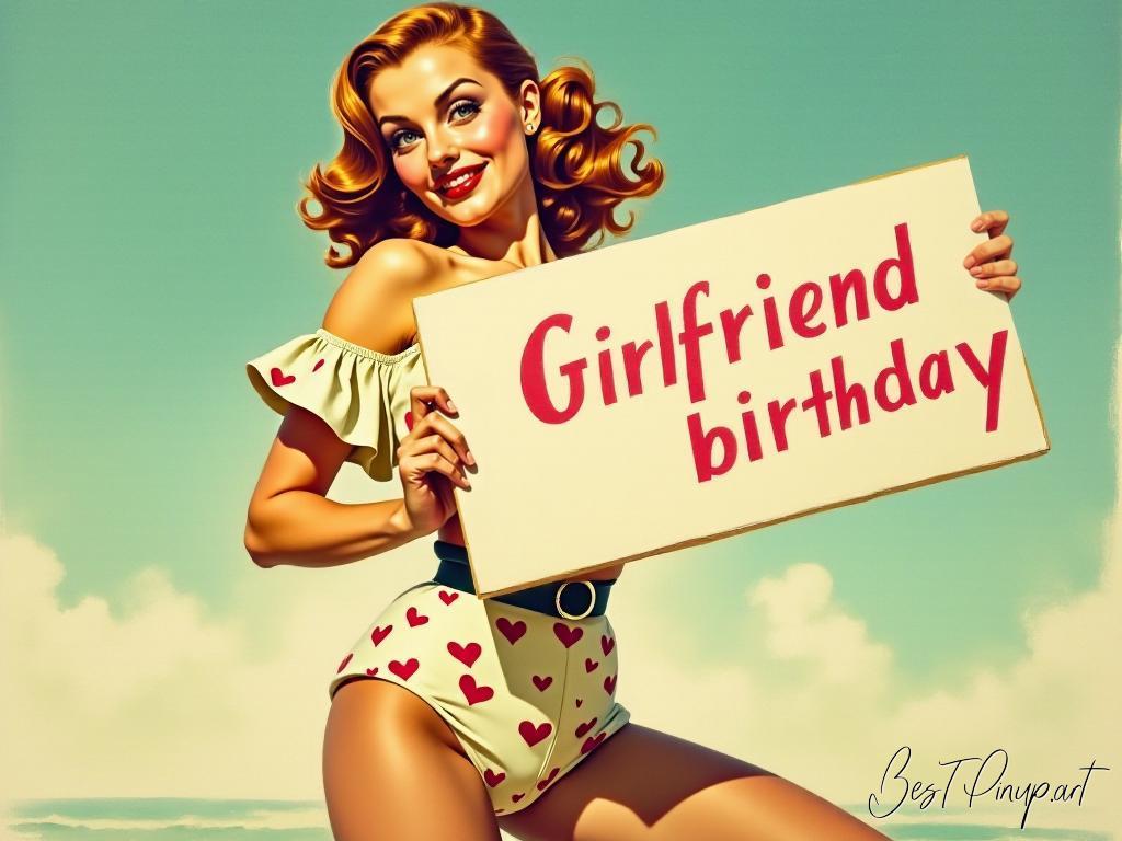 Pin-up girl showcasing a sign with girlfriend birthday theme