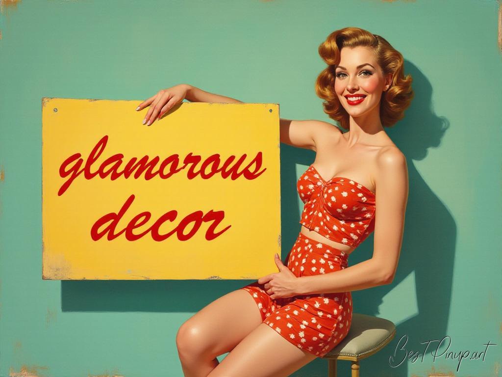 Pin-up girl showcasing a sign with glamorous decor theme