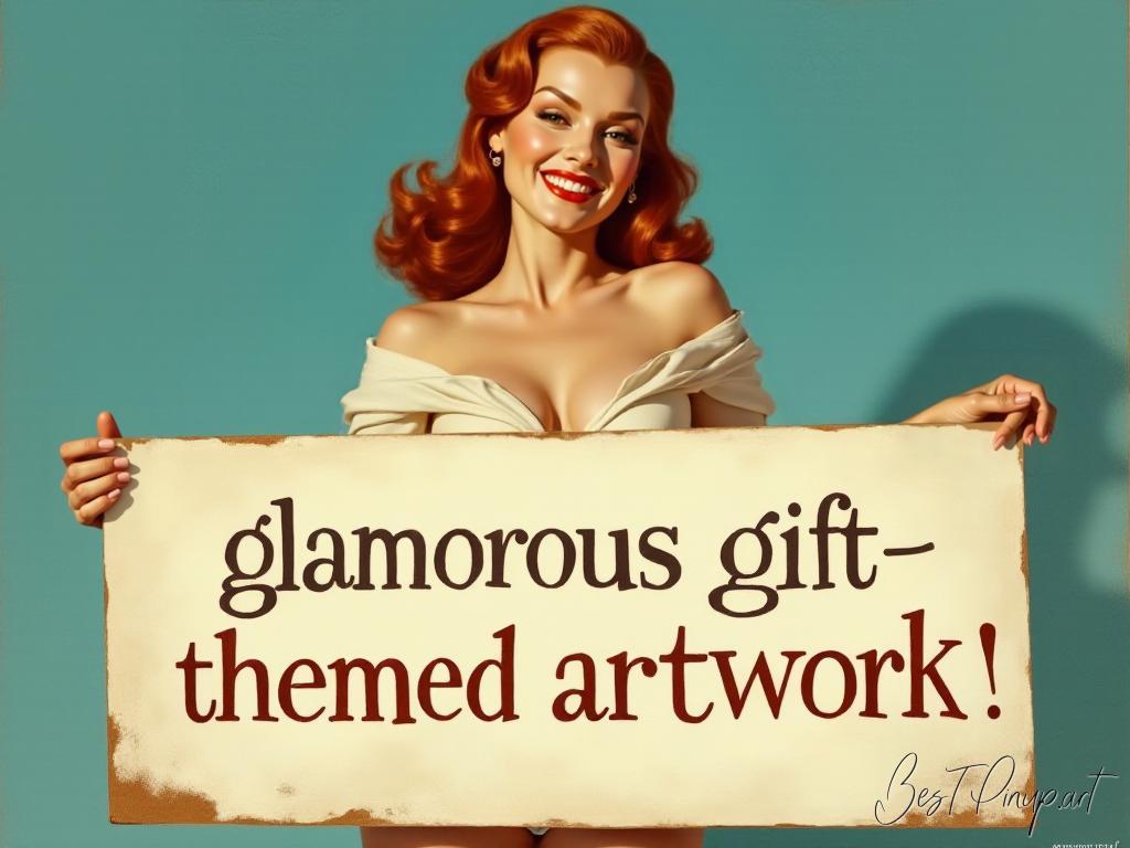 Pin-up girl showcasing a sign with glamorous gift-themed artwork theme