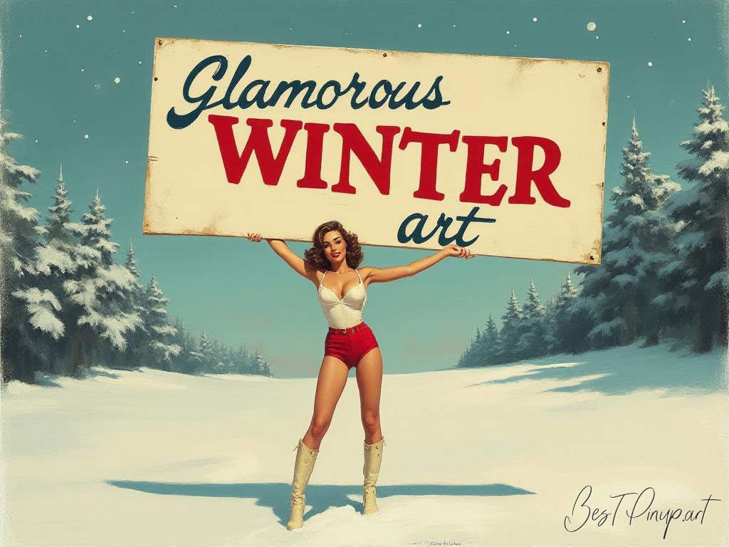 Pin-up girl showcasing a sign with glamorous winter art theme
