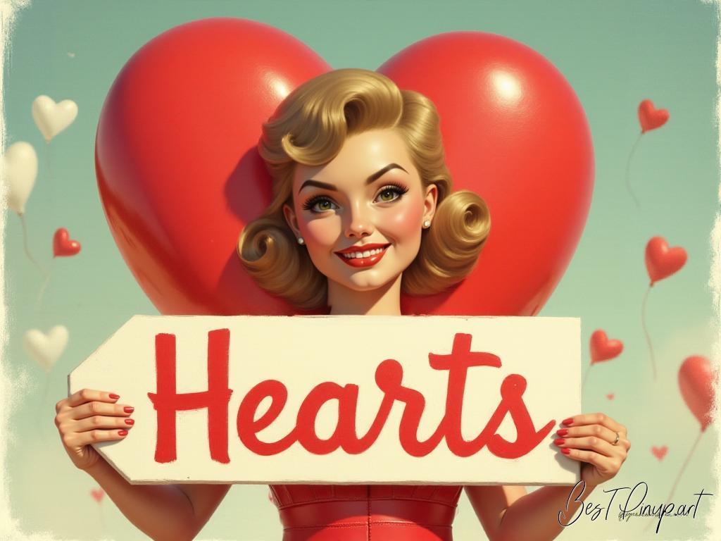 Pin-up girl showcasing a sign with Hearts theme
