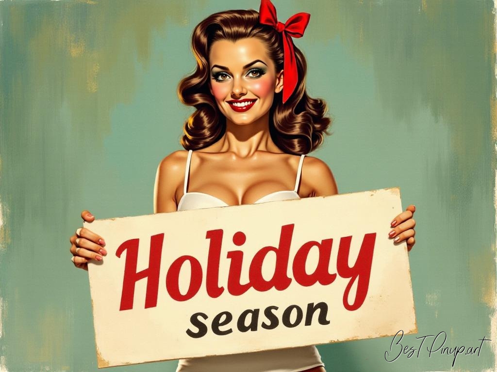 Pin-up girl showcasing a sign with holiday season theme