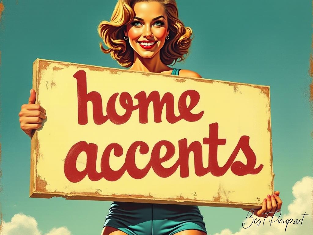 Pin-up girl showcasing a sign with home accents theme