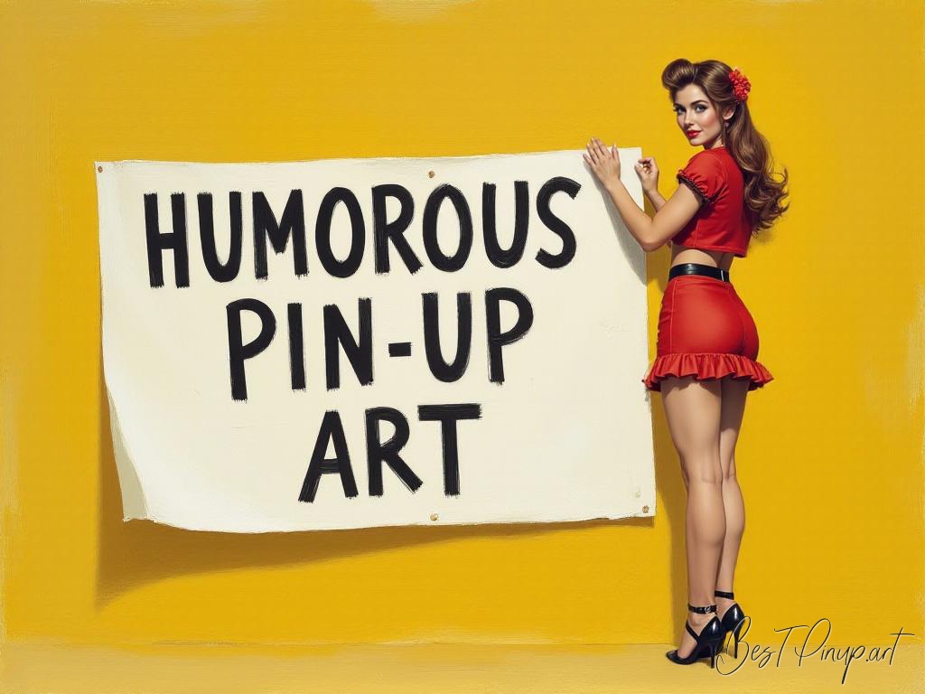 Pin-up girl showcasing a sign with humorous pin-up art theme