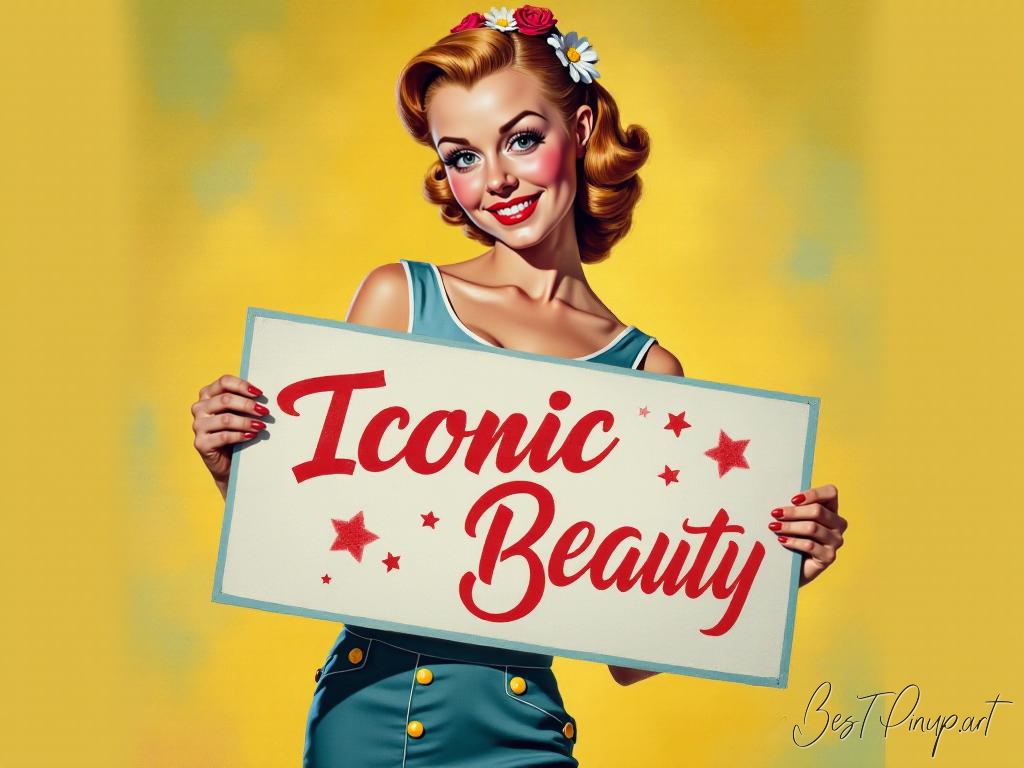 Pin-up girl showcasing a sign with iconic pin-up beauty theme