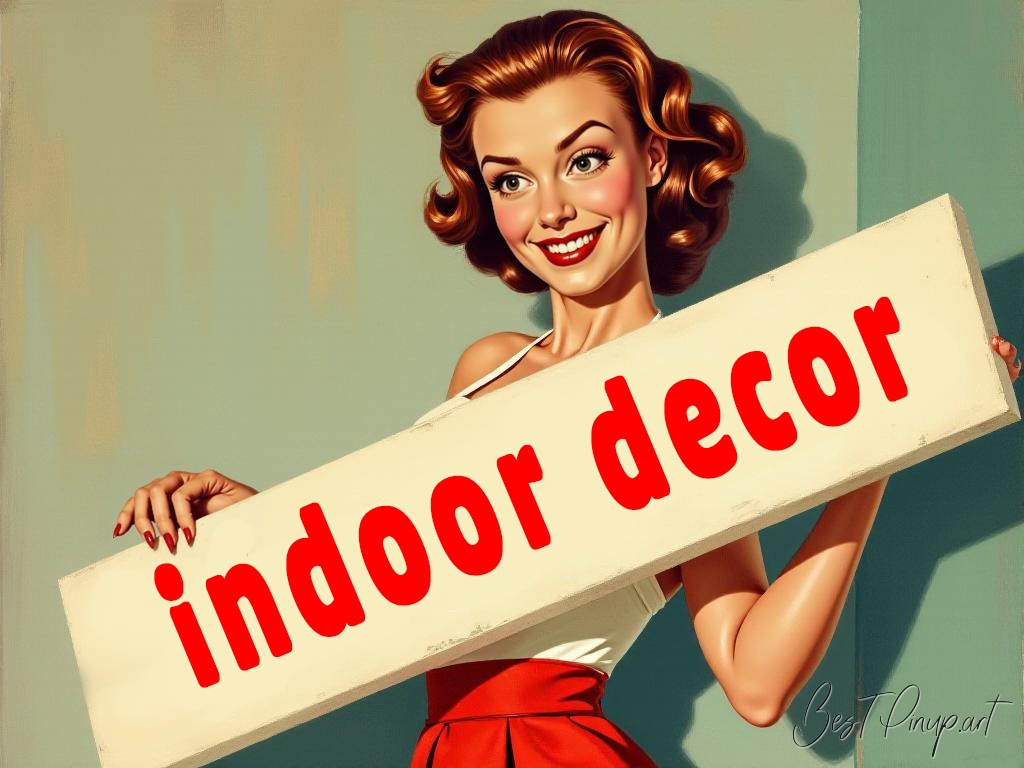 Pin-up girl showcasing a sign with indoor decor theme