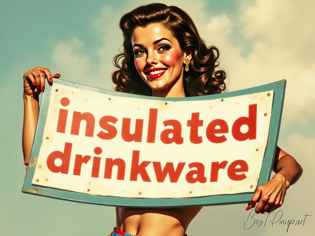 Pin-up girl showcasing a sign with insulated drinkware theme