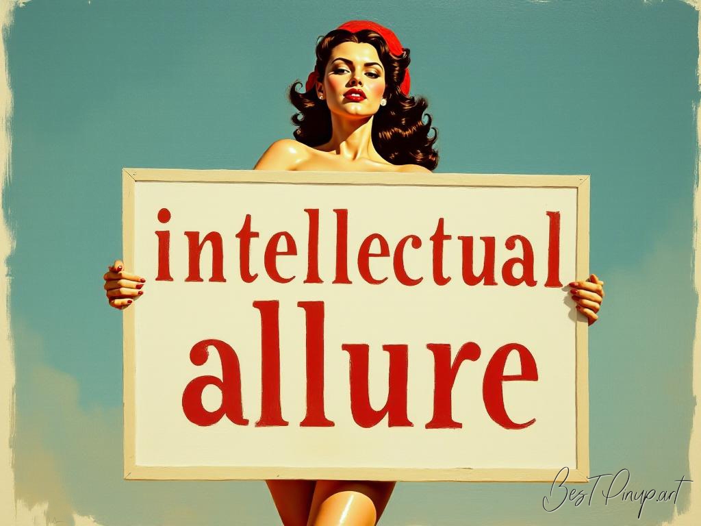 Pin-up girl showcasing a sign with intellectual allure theme