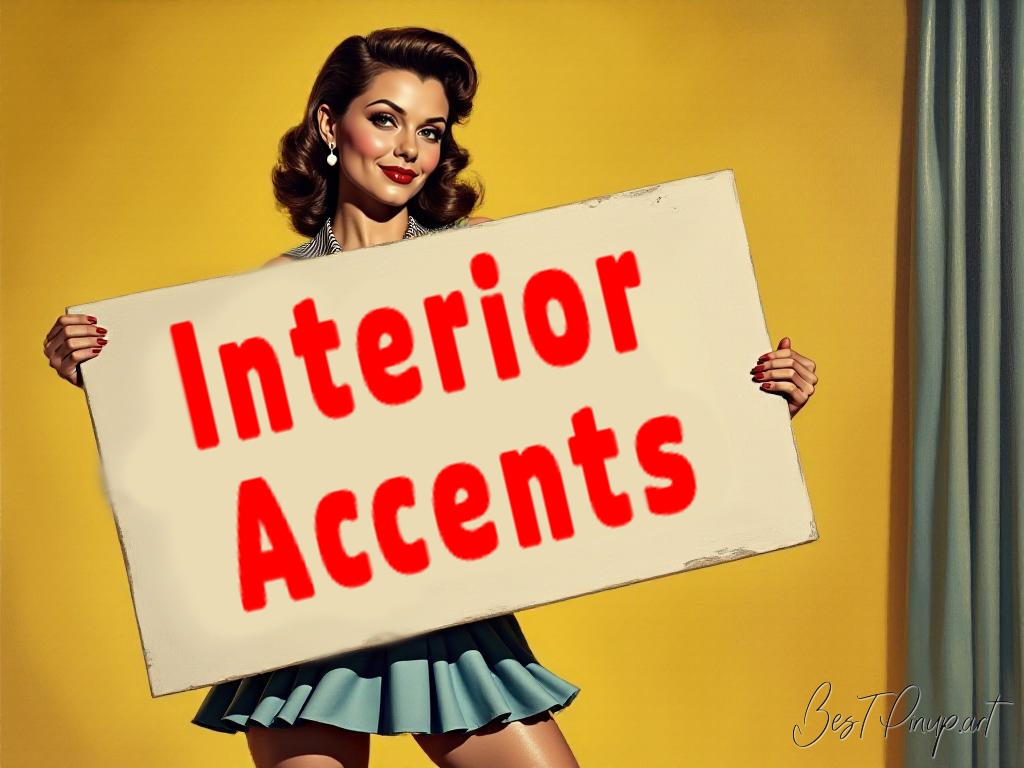 Pin-up girl showcasing a sign with interior accents theme