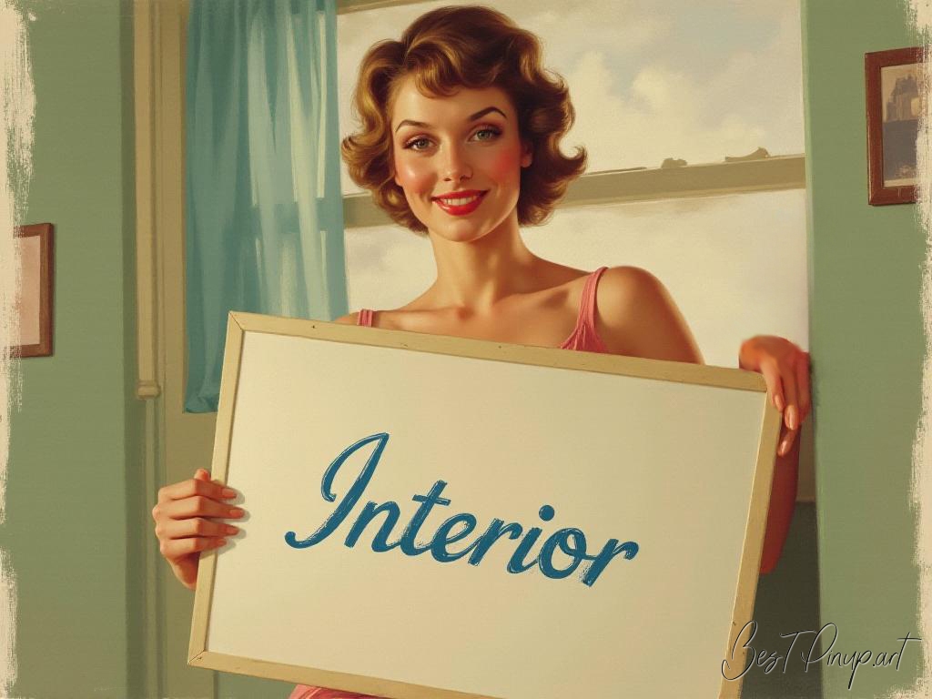 Pin-up girl showcasing a sign with interior posters theme