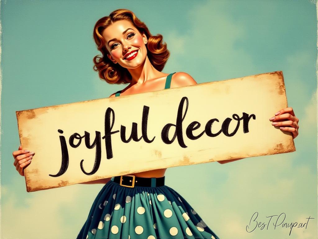 Pin-up girl showcasing a sign with joyful decor theme
