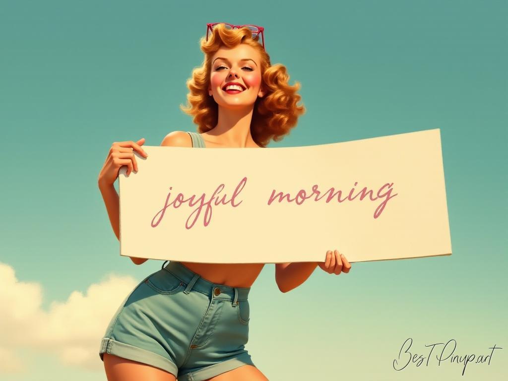Pin-up girl showcasing a sign with joyful morning theme