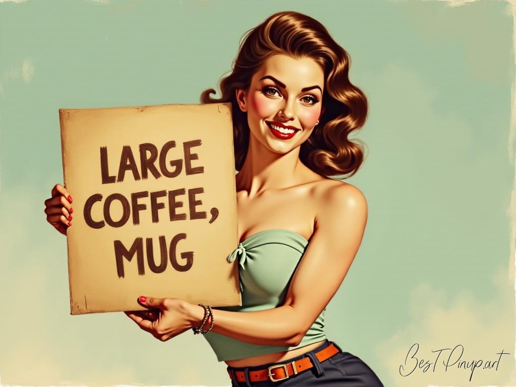 Pin-up girl showcasing a sign with large coffee mug theme