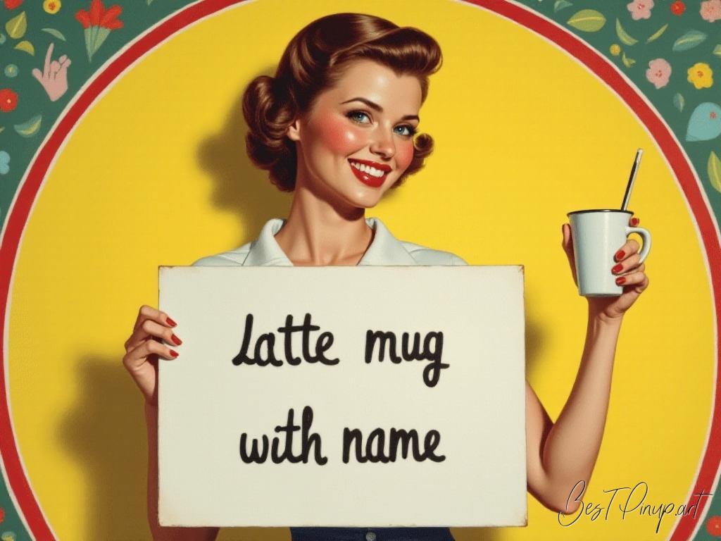 Pin-up girl showcasing a sign with latte mug with name theme