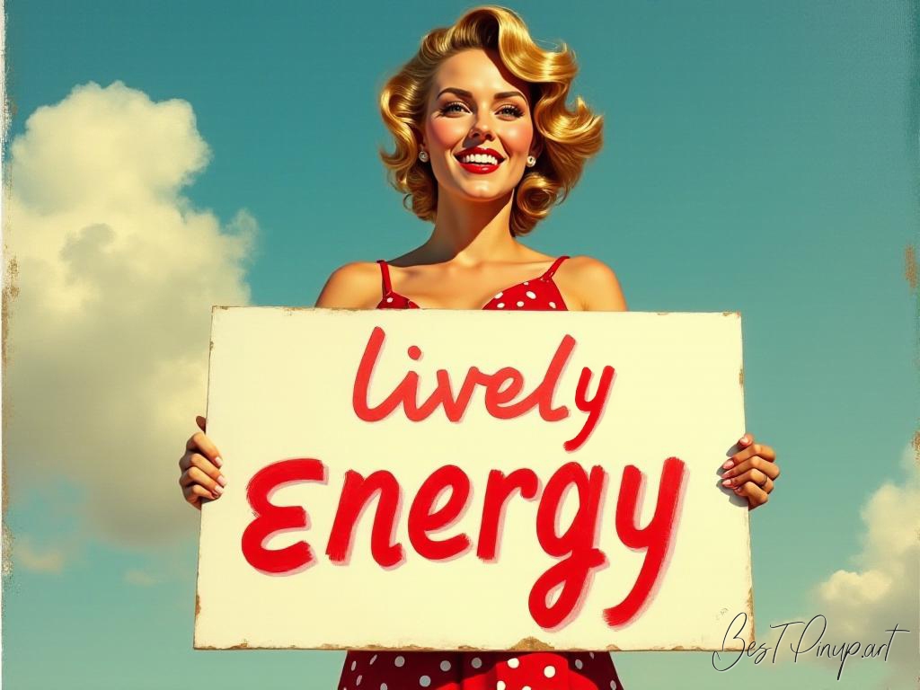 Pin-up girl showcasing a sign with lively energy theme