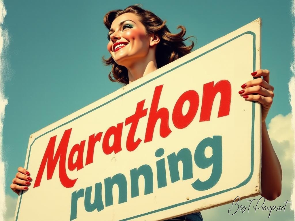 Pin-up girl showcasing a sign with marathon running theme