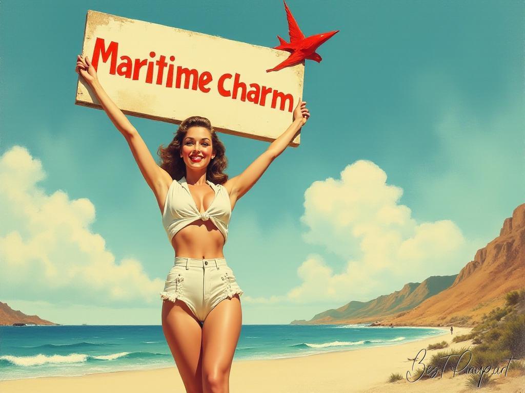 Pin-up girl showcasing a sign with maritime charm theme