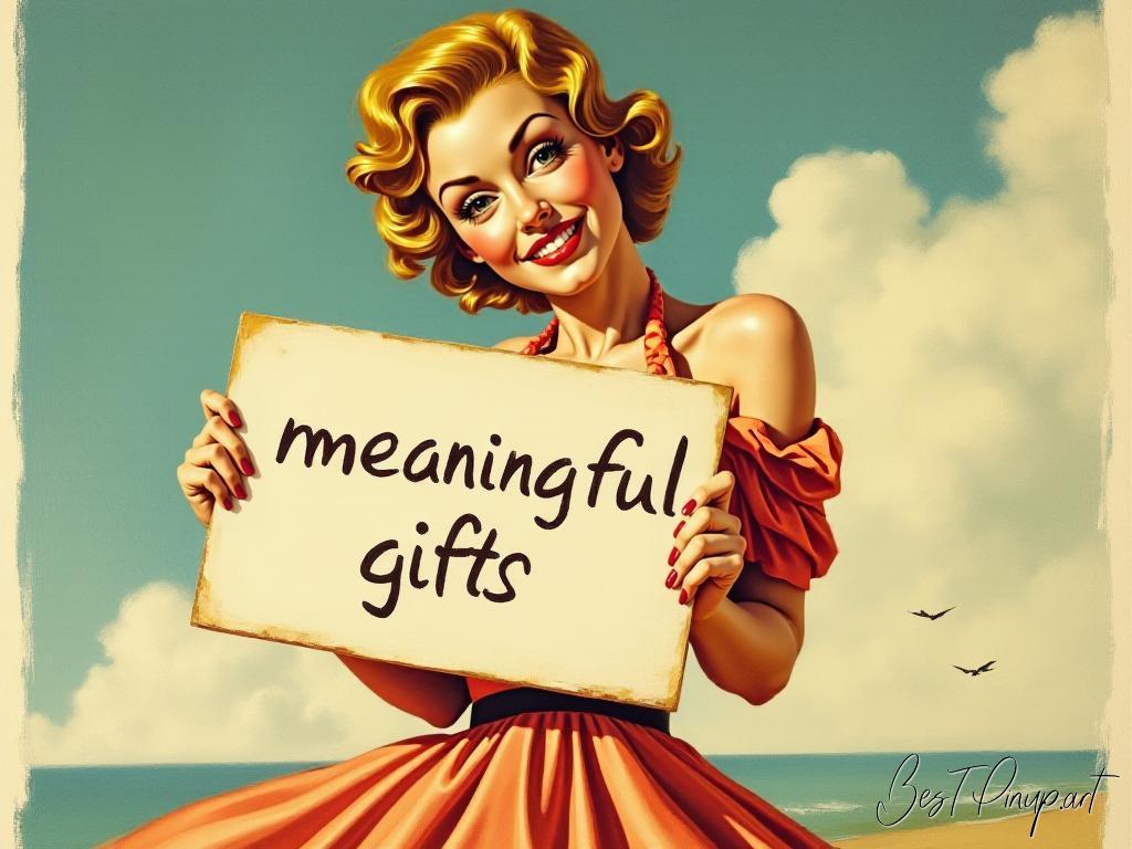 Pin-up girl showcasing a sign with meaningful gifts theme
