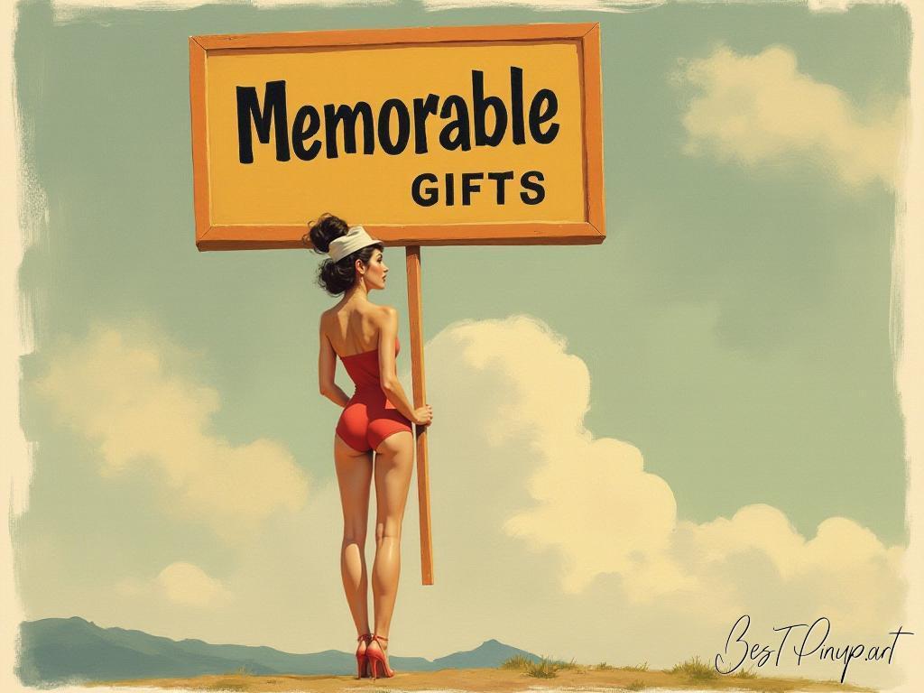 Pin-up girl showcasing a sign with memorable gifts theme