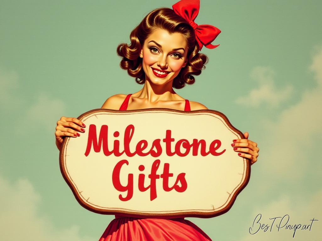 Pin-up girl showcasing a sign with milestone gifts theme