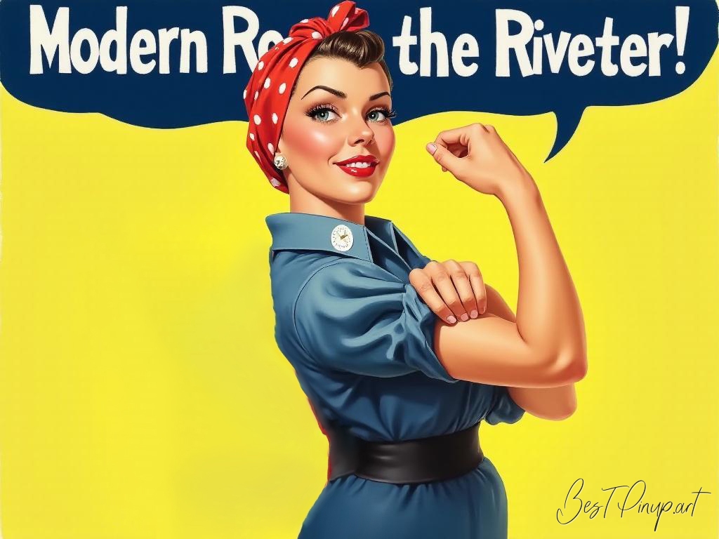 Pin-up girl showcasing a sign with modern Rosie the Riveter theme