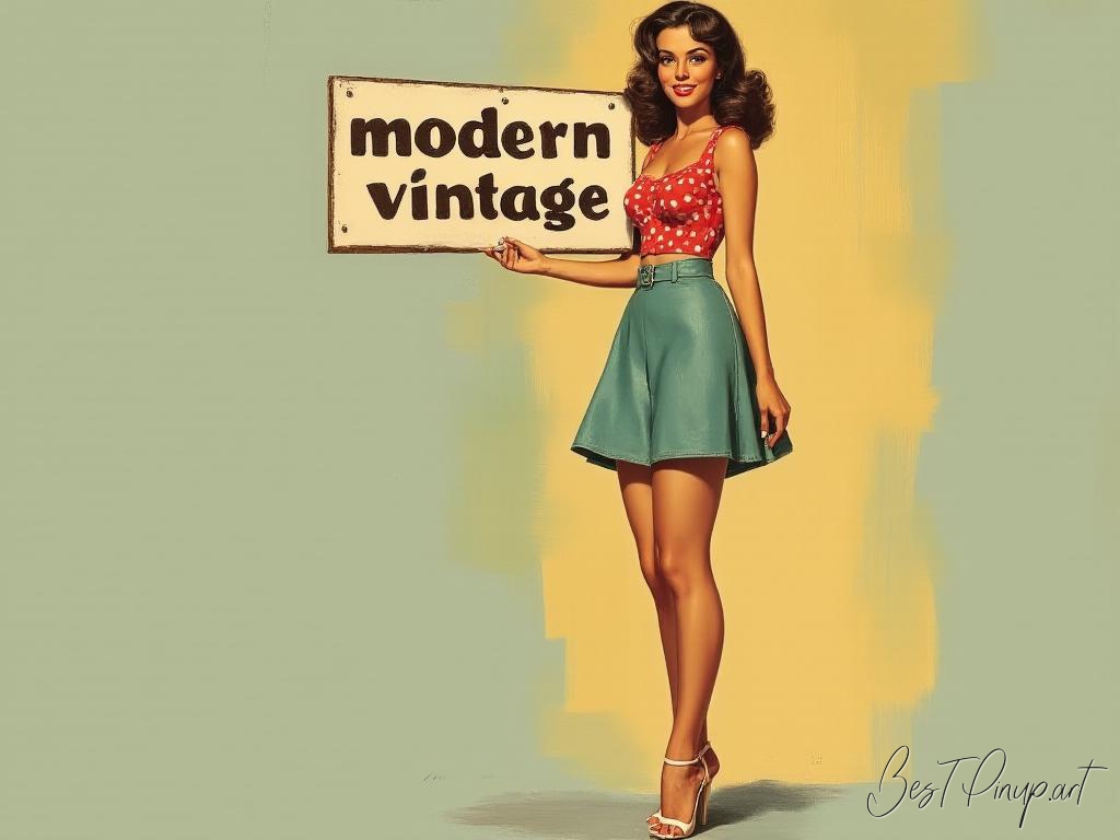 Pin-up girl showcasing a sign with modern vintage wall decor theme