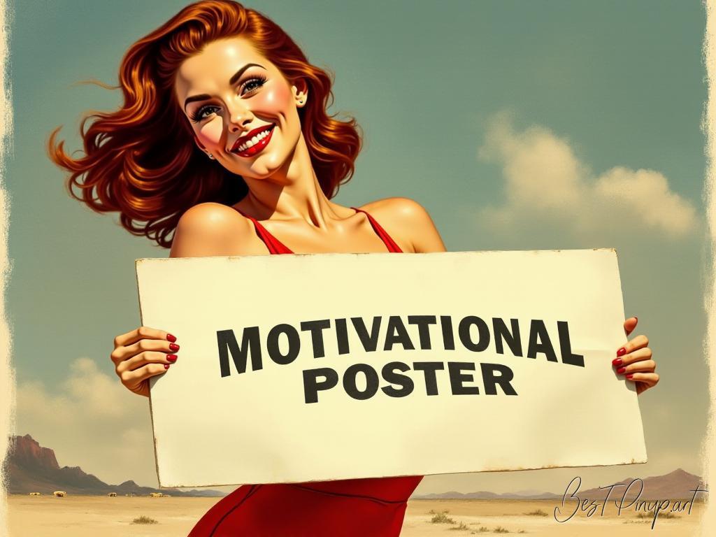 Pin-up girl showcasing a sign with motivational vintage poster theme