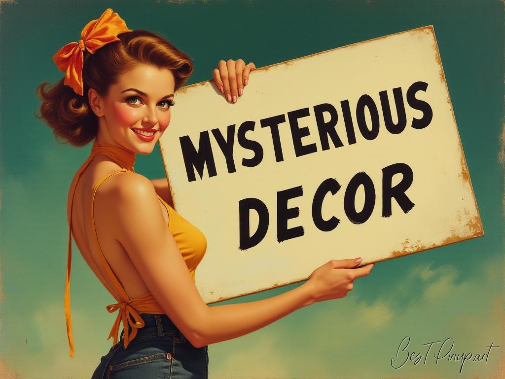 Pin-up girl showcasing a sign with mysterious decor theme