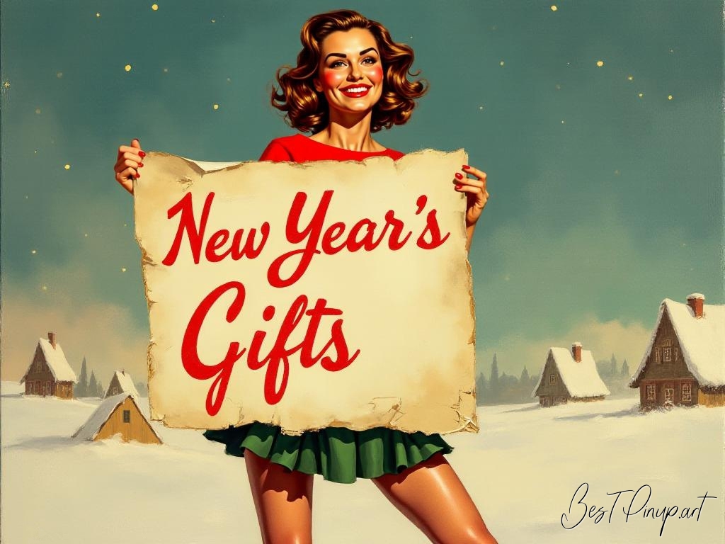 Pin-up girl showcasing a sign with New Year's gifts theme