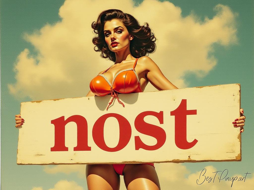 Pin-up girl showcasing a sign with nost theme
