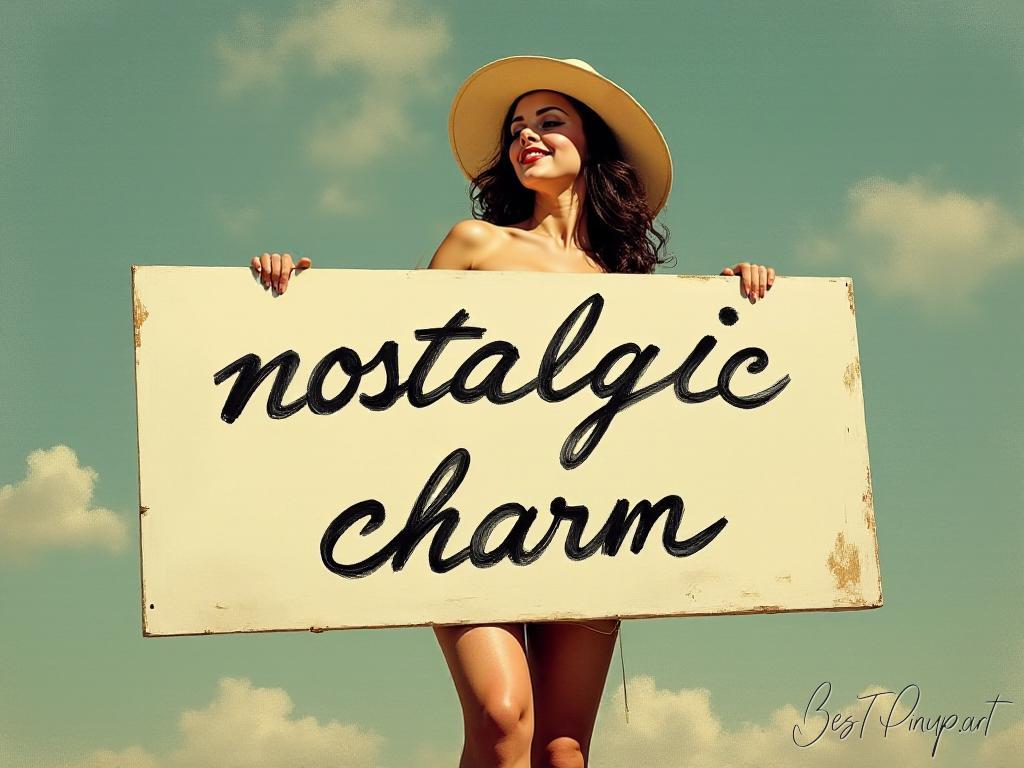 Pin-up girl showcasing a sign with nostalgic charm theme