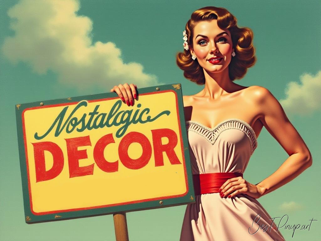 Pin-up girl showcasing a sign with nostalgic decor theme