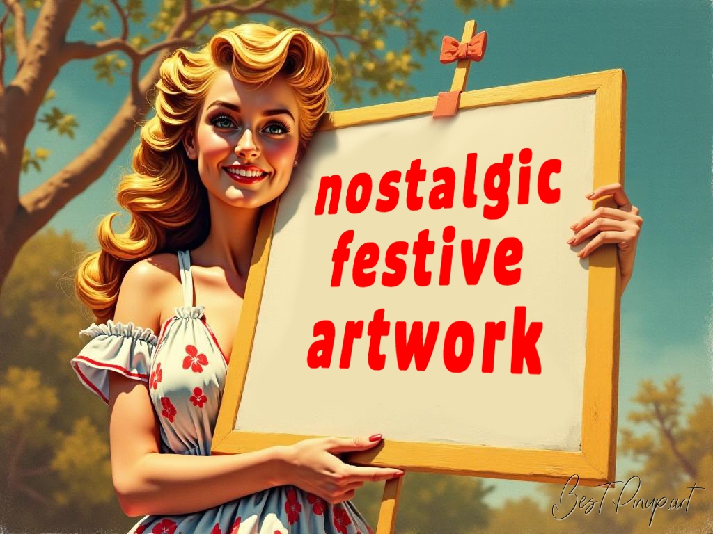 Pin-up girl showcasing a sign with nostalgic festive artwork theme