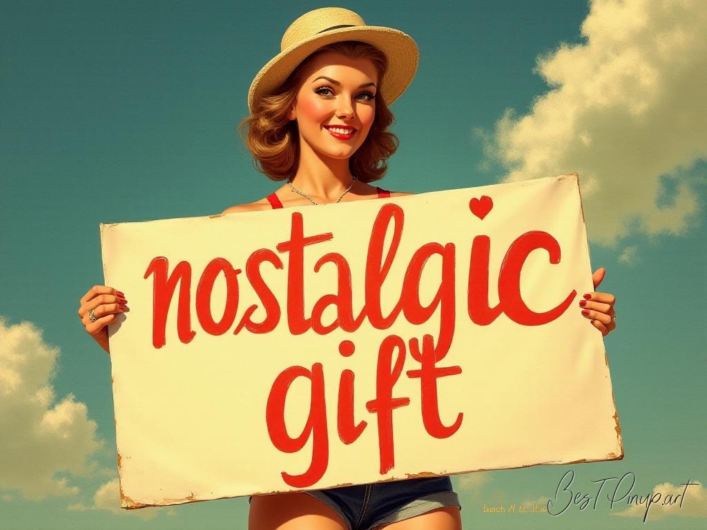 Pin-up girl showcasing a sign with nostalgic gift theme