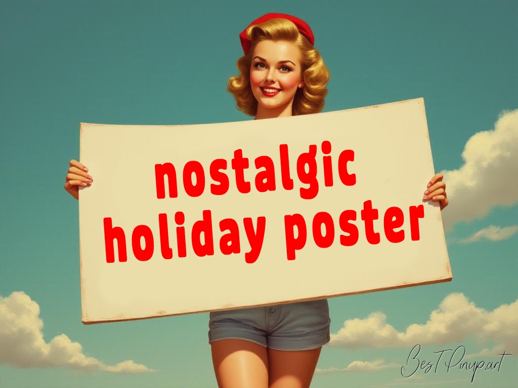 Pin-up girl showcasing a sign with nostalgic holiday poster theme
