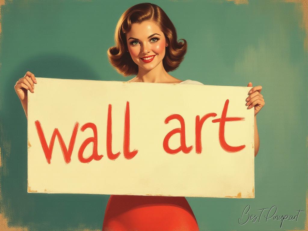 Pin-up girl showcasing a sign with nostalgic wall art theme