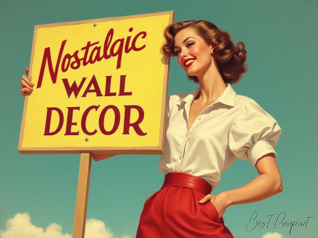 Pin-up girl showcasing a sign with nostalgic wall decor theme