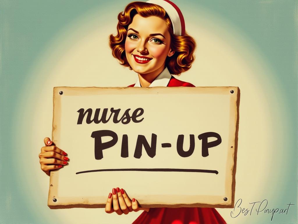 Pin-up girl showcasing a sign with nurse pin-up theme