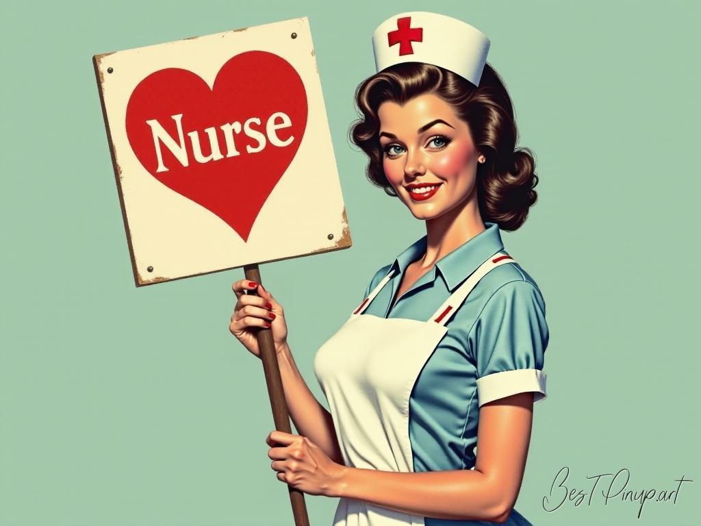 Pin-up girl showcasing a sign with nurse portrait theme