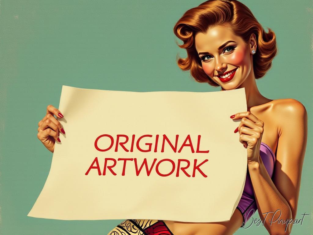 Pin-up girl showcasing a sign with original artwork theme