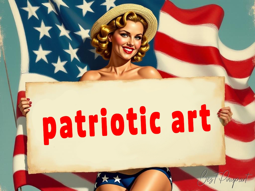 Pin-up girl showcasing a sign with patriotic art theme